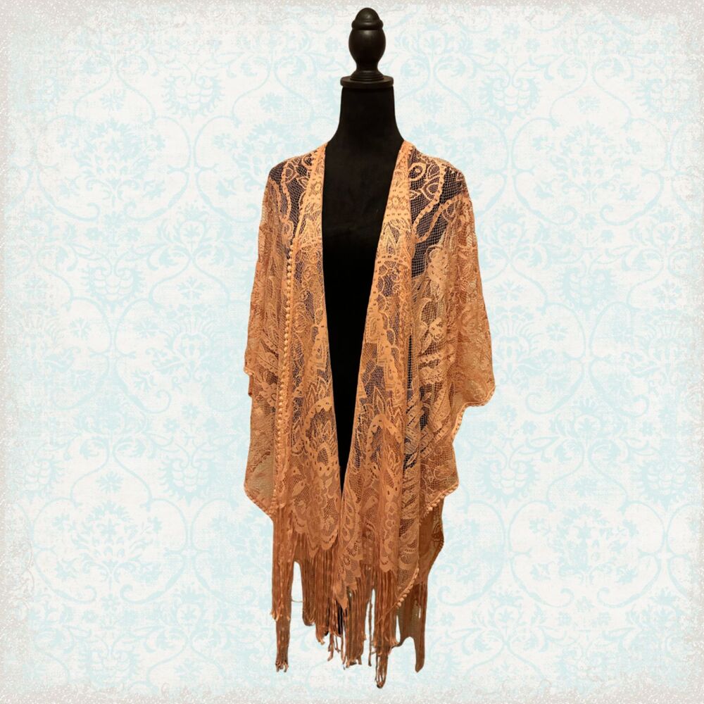 Mixit Women's Blush Pink Lace Fringe Kimono OS
